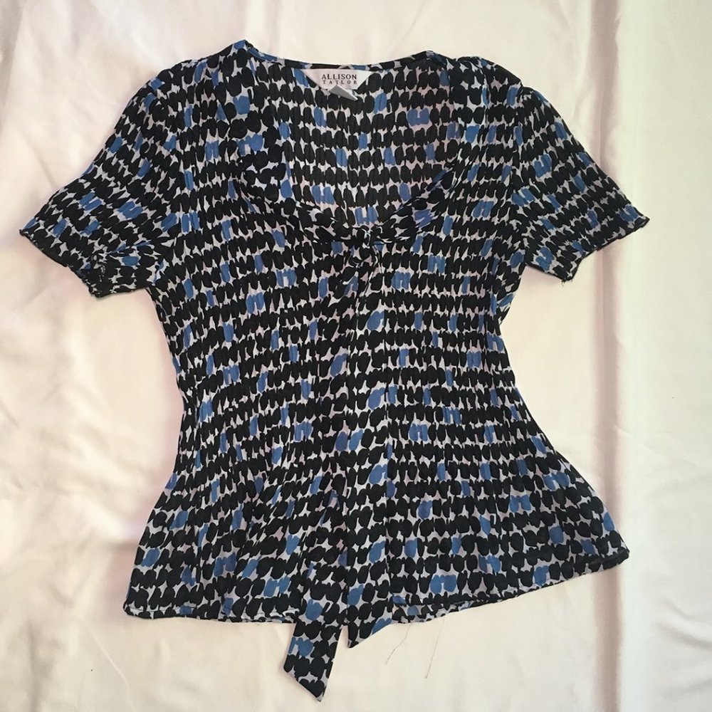 Allison Taylor Blue Pattern Tie Neck Blouse
